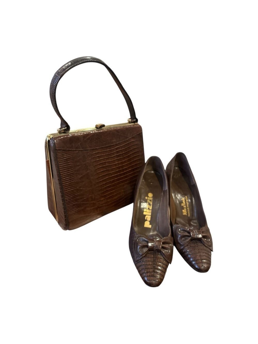 MCM 2PC PALIZZIO BROWN LIZARD SKIN W BOW 3" HEEL SHOES & LIZARD SKIN PURSE SZ 6N